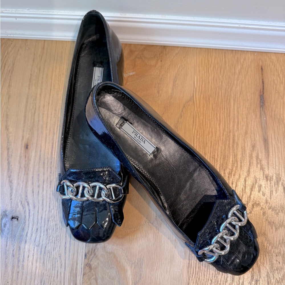 Prada Glossy Black Loafers with Silver Chain